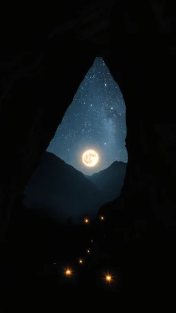 surreal glowing in dark, millions of stars. a sun view through a mountain big cave with people in it with candles lights in double exposure