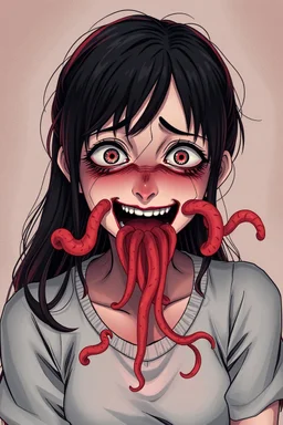 Woman with rare eyes,smiling meanwhile many worms streaming from his mouth, face distorted with pain, screaming, tears streaming, siting pose, fullbody, Junji Ito style, darkred tones,high detailed, 4k resolution, digital paiting, cute, art, no background 3d pixar disney the cinematic FKAA, TXAA, and RTX graphics technology employed for stunning detail.