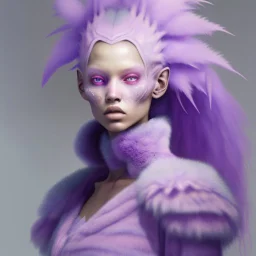 extraterrestrial being, female, bipedal, humanoid, otherworldly, pastel pink fur-covered skin, large lavender eyes, long feathery tail, alien, intricately designed, highly detailed, Greg Rutkowski