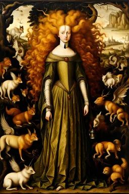 a Flemish Renaissance era full body oil painting of a young, otherworldly, demonic temptress , highly detailed hair and facial features, in the style of Pieter Brueghel, Jan van Eyck, and Hieronymus Bosch, aged canvas, antique craquelure finish, archaic museum quality masterpiece, 4k