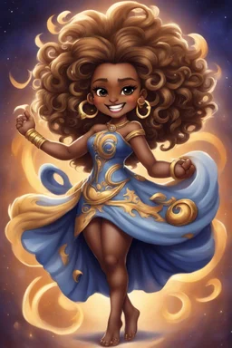 A fearless curvy dark-skinned airbrushed chibi swishes her lion tail excitedly, wearing a dress decorated with the Leo astrology symbol. With mane-like hair wild with curls, she smiles wide, showing off fangs. She stands arms and legs spread, steadfast as a lioness, demonstrating Leo courage and leadership. Background of a Leo zodiac symbol