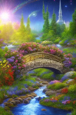 Pont avec des fleurs , riviers animé, soleil, ciel étoilé cgi,cinema 4d