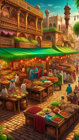 A vibrant and bustling marketplace, filled with the rich aromas of Arabic coffee, dates, and sweets. The colorful stalls and bustling crowds create a lively atmosphere, perfect for capturing in a stylistic rendering.