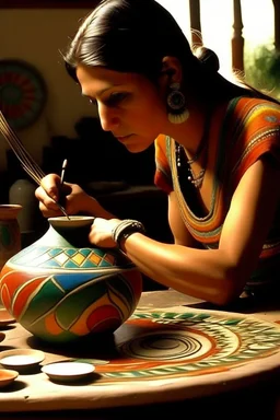 mexican woman making pottery painting neoclassism whole body zoom the sun young