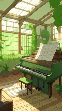 piano with music sheet in a large house full of plants and in ghibli studio style