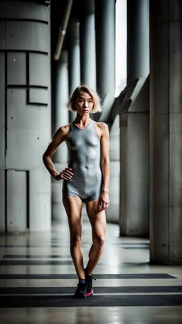 beautiful asian anorexic woman, total shot, short silver triathlon swimsuit, short blond wavy bob hair, blurred concrete background