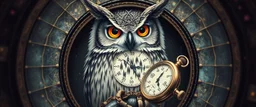 close up of owl cuckoo abraxas in the fish eye web, interdimensional portal, with a pocket watch with a chain in its claw