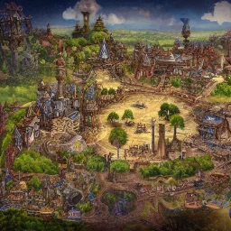 A Fantasy town On Many big tress in sky with a steampunk