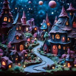 Detailed creepy landscape made of modeling clay, fairy tale, people, village, stars and planets, naïve, Tim Burton, strong texture, extreme detail, Max Ernst, decal, rich moody colors, sparkles, bokeh