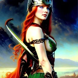 portrait 'beautiful Sexy Busty Redhead Sif',braided long hair,horned helmet, celtic tattoed,crystal clear green eyes,painting by gaston bussiere, greg rutkowski, yoji shinkawa, yoshitaka amano, tsutomu nihei, donato giancola, tim hildebrandt, oil on canvas, cinematic composition, extreme detail,fit full head inside picture,32k