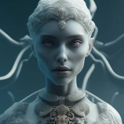 highly detailed marble and jade sculpture of a female necromancer, volumetric fog, Hyperrealism, breathtaking, ultra realistic, unreal engine, ultra detailed, cyber background, Hyperrealism, cinematic lighting, highly detailed, breathtaking , photography, stunning environment, wide-angle, [cgi, 3d, doll, octane, render, bad anatomy, blurry, fuzzy, extra arms, extra fingers, poorly drawn hands, disfigured, tiling, deformed, mutated]