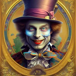 "Mad Hatter" book young man character of "Alice in the wonderland", detailed eyes, elegant,sarcastic smile, by Disney,Chie Yoshii,alphonse mucha