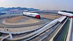 A Tesla semi-truck is racing at top speed, across the 'Everland Resort', in South Korea. CINEMATIC. WIDE ANGLE LENS.