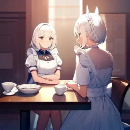 anime waitress sitting at a booth in a busy diner with two identical white coffee cups on the table, one white cup is full and the other white cup is empty