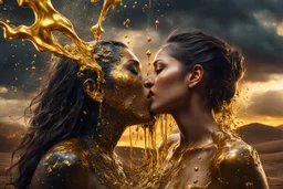 A hyper-realistic photo, beautiful face man kissing woman disintegrating into gold dripping ink and slime::1 ink dropping in water, molten lava, 4 hyperrealism, intricate and ultra-realistic details, cinematic dramatic light, cinematic film,Otherworldly dramatic stormy sky and empty desert in the background 64K, hyperrealistic, vivid colors, , 4K ultra detail, , real , Realistic Elements, Captured In Infinite Ultra-High-Definition Image Quality And Rendering, Hyperrealism