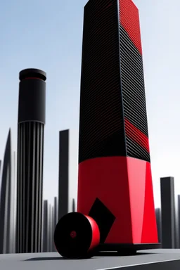 portable speaker, form inspired by merdeka 118 tower , architecture form, geometric design style and black and red color