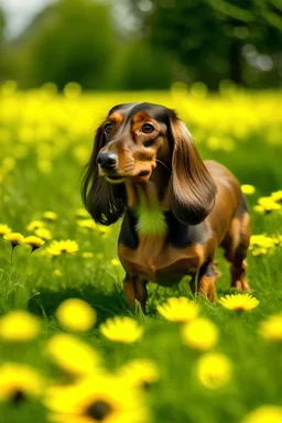 un perro salchicha de pelo largo marrón jugando con una pelota en el campo entre flores amarillas