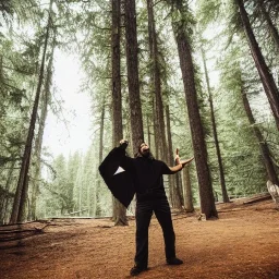 medium build guy throwing knives, while wearing a black poncho, has light facial hair in a forest, next to a lake, wearing tan pants
