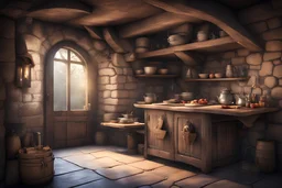 fantasy medieval kitchen with a table and an open door