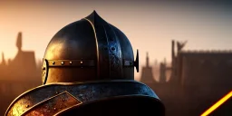 apocalypse, chaotic, magnificent, realistic, colorful, massive, epic, ray tracing, cinematic, 8k, HD, Ultra High Definition, photo film, film grain, hyper-detailed, old ornate rusty Hyper detailed Medieval Knight helmet on ground with visor