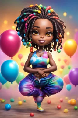 Create an airbrush image of a chibi black curvy female wearing a tie dye yoga outfit. Prominent make up with hazel eyes. Highly detail asymmetrical dread locs. background of colorful large ballons 2k