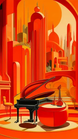 An orange colored city with jazz instruments painted by Frank Lloyd Wright