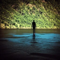 dark man shadow float in sky. scared people. river. river rock . valley . night