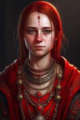 portrait of a young female human cleric with a necklace of red beads wearing scale mail