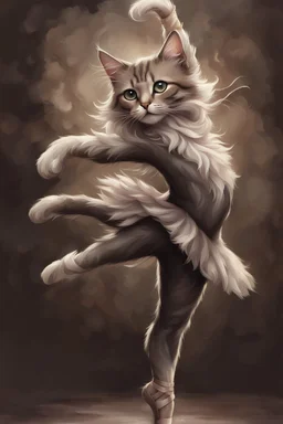 mesmerizing fantasy illustration featuring a feline dancer in a captivating ballet pose. The cat's fur is a blend of soft, muted tones, with one paw raised above its head and the other stretched out to the side. Its eyes are wide open, displaying an expressive and captivating look. The background is a muted brown, creating an atmosphere of mystique.