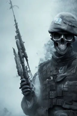 British ghost soldier, skull special forces mask, white smoke, dark, rage, sorrow, high definition, ultra 8 k, volumetric lighting, blue fire, fog