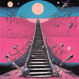 stairway scare and death rules there, morse code textures, surrealism by Gerald Scarfe and Yves Tanguy, silkscreened mind-bending illustration; Astronomy Domine, uv reactive blacklight cosmic colors, Pink_Floyd aesthetics, smooth album cover art, modern horror comic art