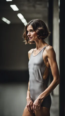 beautiful anorexic woman, total shot, short silver triathlon swimsuit, short brunette wavy bob hair, blurred concrete background