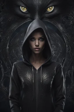 shiny cat eyes woman, wearing dark hoodie, very detailed, sharp focus, random background, dark fantasy, stunning