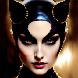 Drawing of beautiful face,busty CatWoman,intense stare,Minimal ancient armor, balanciaga fashion clothe painting by gaston bussiere, greg rutkowski, yoji shinkawa, yoshitaka amano, tsutomu nihei, donato giancola, tim hildebrandt, oil on canvas, cinematic composition, extreme detail,fit full head inside picture,16k