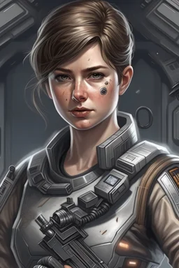 A young space warrior woman with freckles and short brown hair, wearing a silver jumpsuit and holding a pair of energy pistols