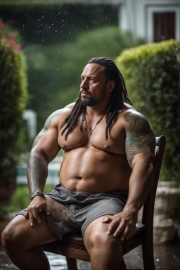 half figure shot photography of a burly heavyset gipsy shirtless man, 35 years old in bulging shorts, tattoo, manly chest, short dreadlocks , sweat, wet, relaxing on a chair, in a private elegant garden of a villa, raining nighttime, big shoulders, big tights, ambient occlusion, photorealistic, frontal view from the ground, dim light from little bulbs