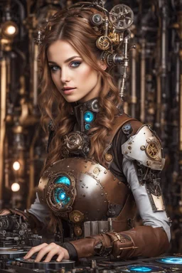 Front view half body gorgeous Realistic Photography beautiful super model Russian as playing Dj player with body full mechanical steampunk cyborg realistic beautiful woman hyper detailed