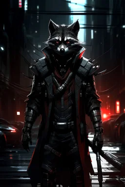 a cyberpunk racoon wizard standing in a city street, black armour, with red highlights, grey cyberpunk city background