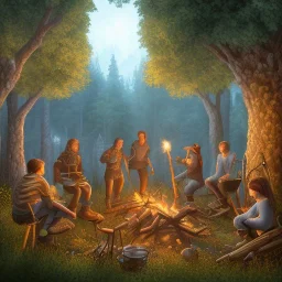 a group of people working on a base in the forest by a campfire in the medieval times, all in pixel art cartoony stile