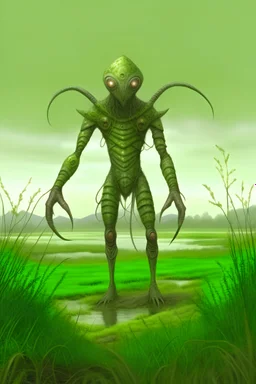 humanoid, greyish green appearance, the face is a featureless surface with spider eyes, covered in insectoid shell-like armour, full body view, four arms with the upper being larger, bipedal legs, background marshland