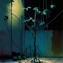 Minimal abstract oil painting of a plants in concrete warehouse brutalist architecture and hanging wires illuminated at night. With triadic colours. In the style of Justin Mortimer and Phil Hale, Ashley Wood