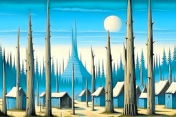 A simple light blue village designed in Pacific Northwest totem poles painted by Caspar David Friedrich