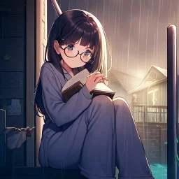 anime girl sitting on a porch swing of an old house, journaling, wearing pajamas, writing in a book, shes watching it rain, more detail on hands and her face,shes deep in her thoughts, wearing glasses, rain drops, she has a pencil in her hand and is writning in the book, she is looking down at what she is writing