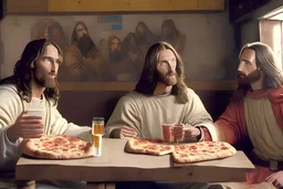 jesus and klopatra eating pizza in a pub