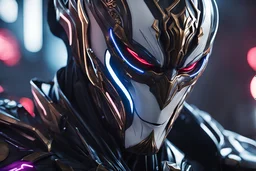 Jhin venom in 8k live action artstyle, white jhin mask, normal eyes, wapen, close picture, neon lights, intricate details, highly detailed, high details, detailed portrait, masterpiece,ultra detailed, ultra quality