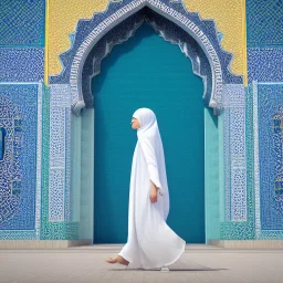 woman in flowing, white burka walking in front of a mosque with blue, green, gold mosaic walls, profile, wide-angle lens, panoramic, high-quality, fine-detail, intricate, ornate, volumetric lighting, 8k resolution, haunting, powerful, photo-realistic, 3d render, photo-quality, high-quality