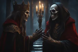 an ancient lich greeting a vampire. two hands. gloves. empty sockets. fantasy concept art, exquisite realism, a masterpiece, dynamic lighting, hyper detailed, intricately detailed, deep color, Unreal Engine, volumetric lighting , Epic cinematic brilliant stunning intricate meticulously detailed dramatic atmospheric maximal,