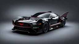 batmobile concept inspired from a 2025 ford mustang dark horse with a large elaborate spoiler and batman symbol style fins, batman symbol in grille, lower wind deflector. red stripes like 1960s adam west batmobile