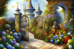 beautiful ornate gate, garden, path, flowers, watercolor, Surrealism