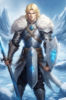 1 anime man. warrior, with blue eyes and blonde hair man in silver Viking armor with fur around the neck with blue crystal on his chest, standing in water in the artic, holding a ice sword and shield, warrior in, anime style